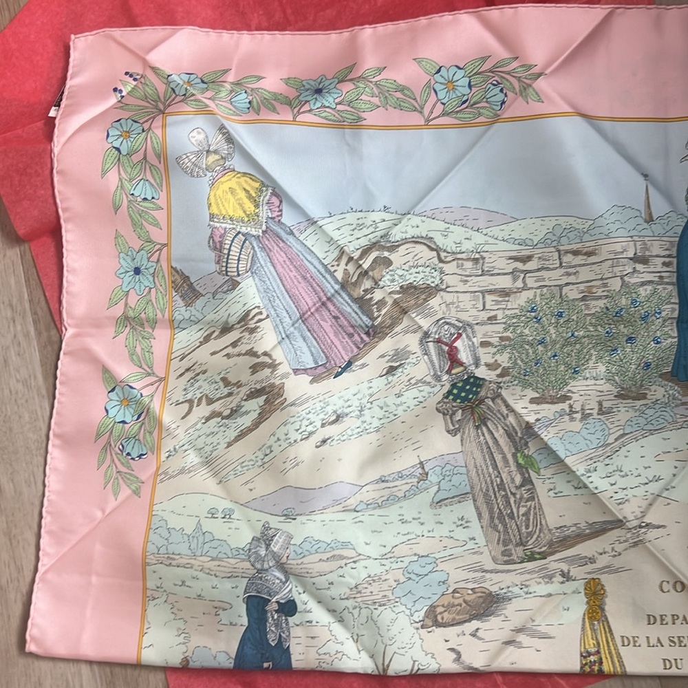 Rare Vintage Hermès Silk Scarf 90cm – Costumes des Départements – Pink Border